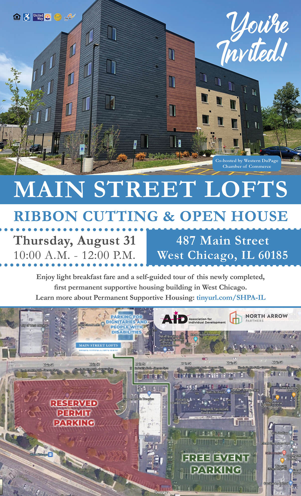 Main Street Lofts RIBBON CUTTING & OPEN HOUSE Thursday, August 31 10:00 A.M. - 12:00 P.M. 487 Main Street West Chicago, IL 60185 Enjoy light breakfast fare and a self-guided tour of this newly completed, first permanent supportive housing building in West Chicago. Learn more about Permanent Supportive Housing: tinyurl.com/SHPA-IL