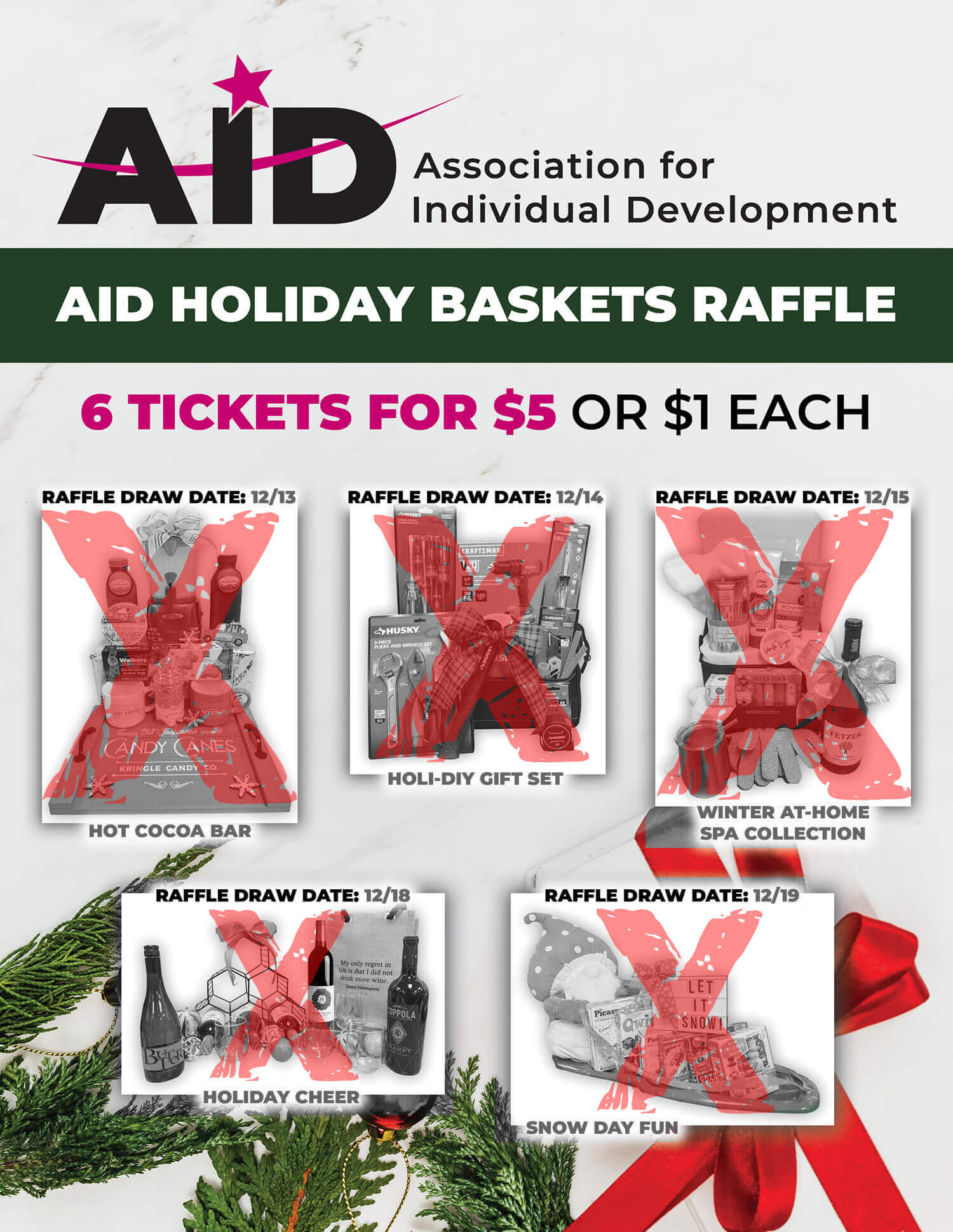 AID Holiday Baskets Raffle: 6 Tickets for $5 or $1 Each