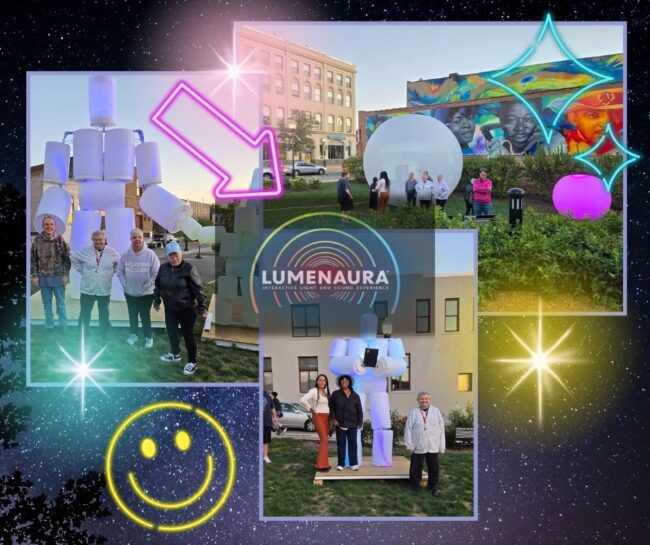 Collage of individuals visiting the LUMENAURA interactive lights installation