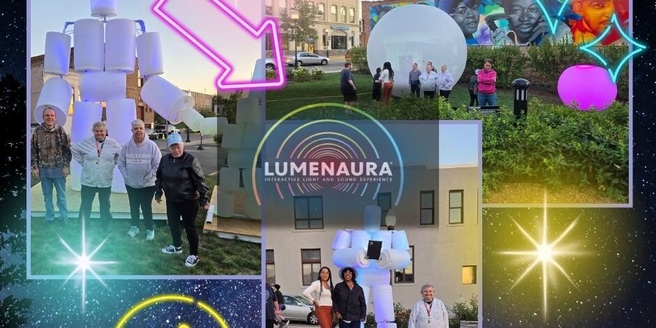 Collage of individuals visiting the LUMENAURA interactive lights installation