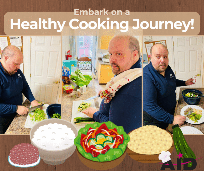 Collage of a man making a salad with text reading "Embark on a Healthy Cooking Journey!"