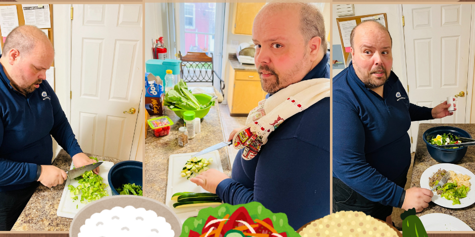 Collage of a man making a salad with text reading "Embark on a Healthy Cooking Journey!"