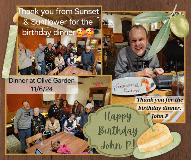 Collage of a man's birthday party at Olive Garden with text reading "Happy Birthday John P.!"