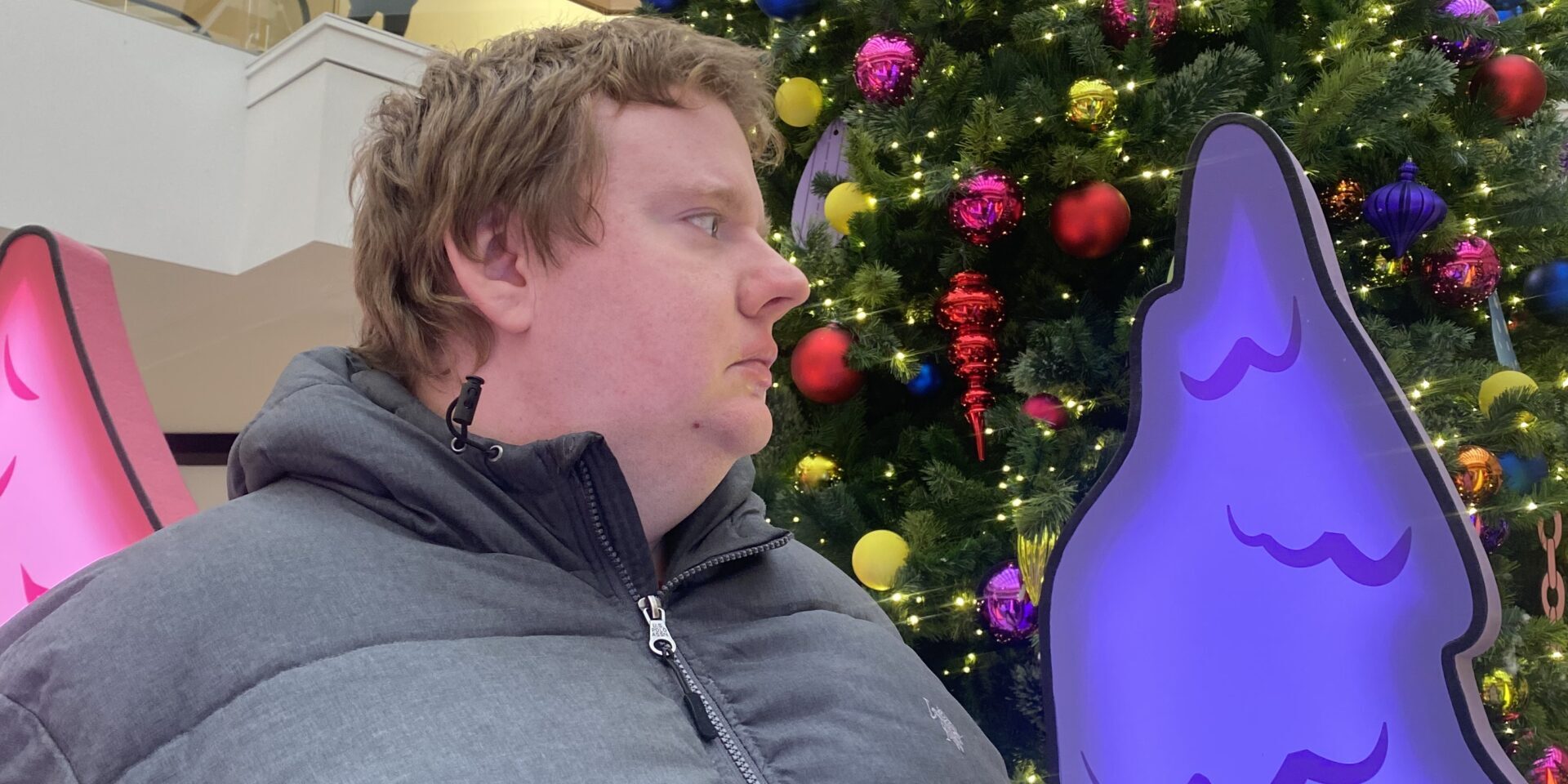 A man waiting in line to see Santa with a very large Christmas tree in the background